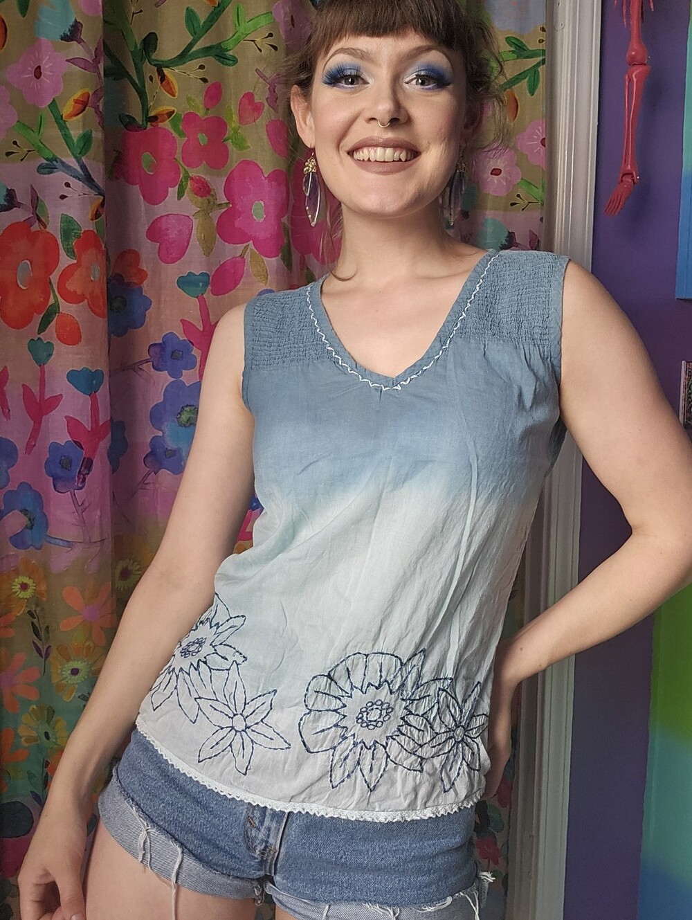 Solitaire Los Angeles Blue Ombre Bohemian Floral Embroidered Tank Top Cotton